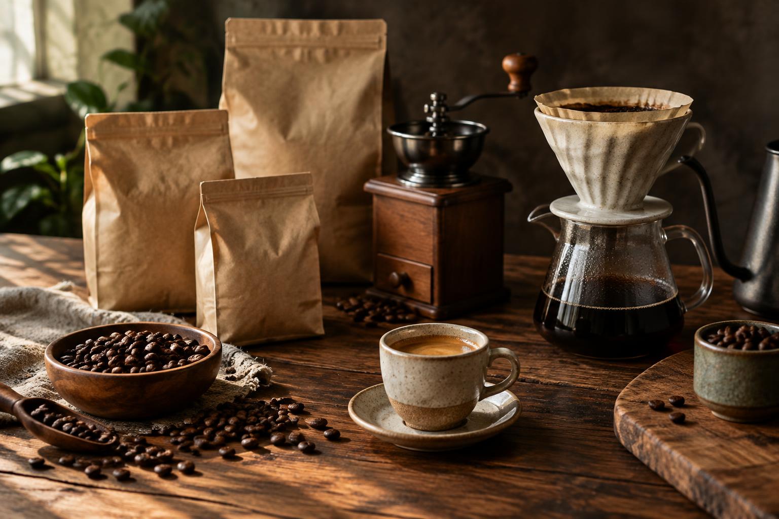 Kraft coffee bean bag with ceramic cup and roasted beans