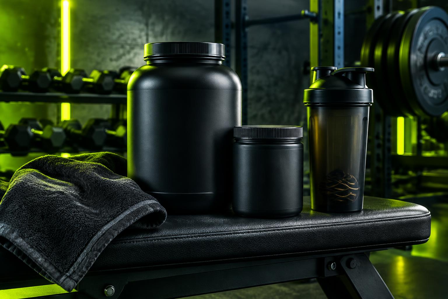 Matte black whey protein tub beside a shaker