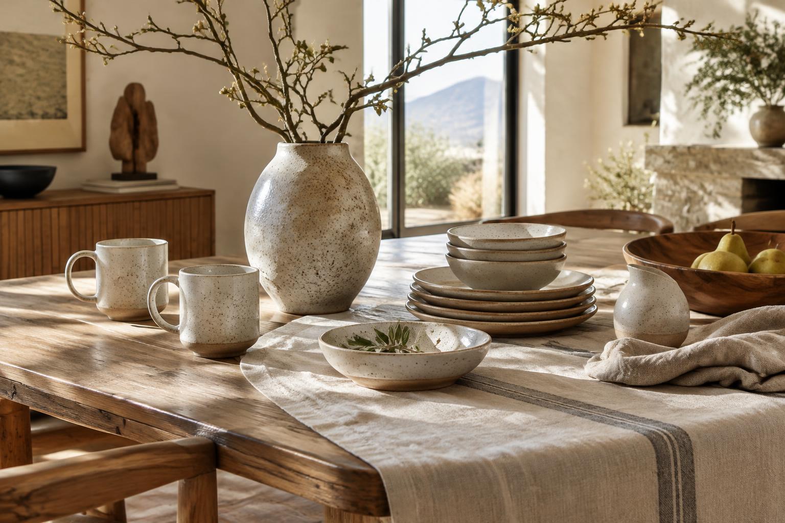 Handmade stoneware vase and mug on linen