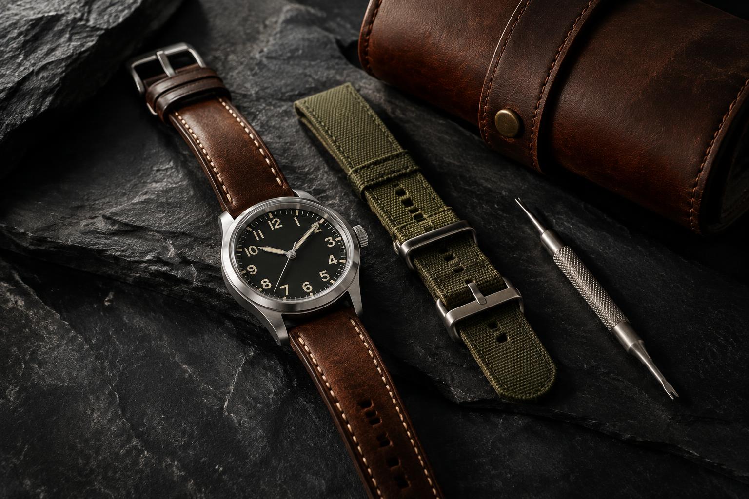 Analog field watch with leather strap on slate